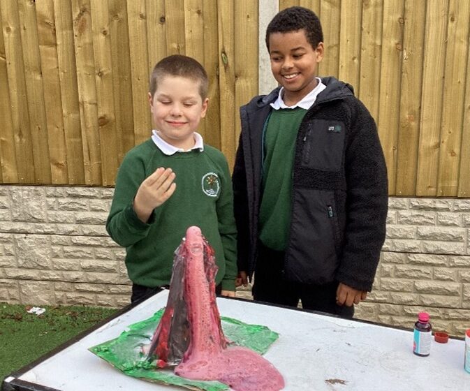 Willow Class learning about how volcanoes erupt during their Extreme Earth topic at The Rowan School.
