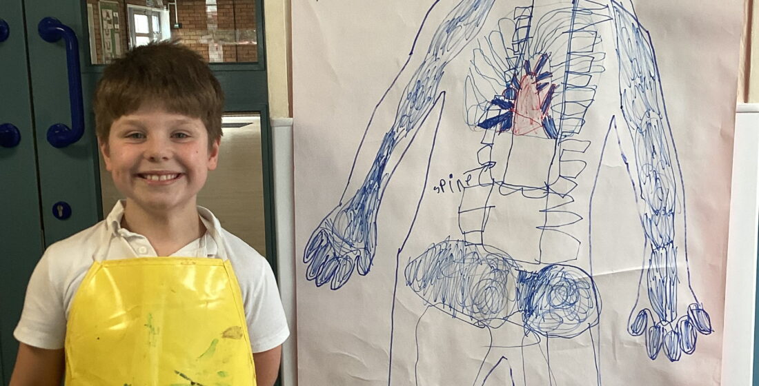 Willow Class learners explore the human skeleton by creating life-sized body diagrams during an engaging hands-on science lesson at The Rowan School.