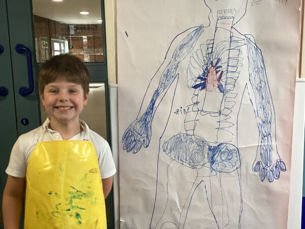 Willow Class learners explore the human skeleton by creating life-sized body diagrams during an engaging hands-on science lesson at The Rowan School.