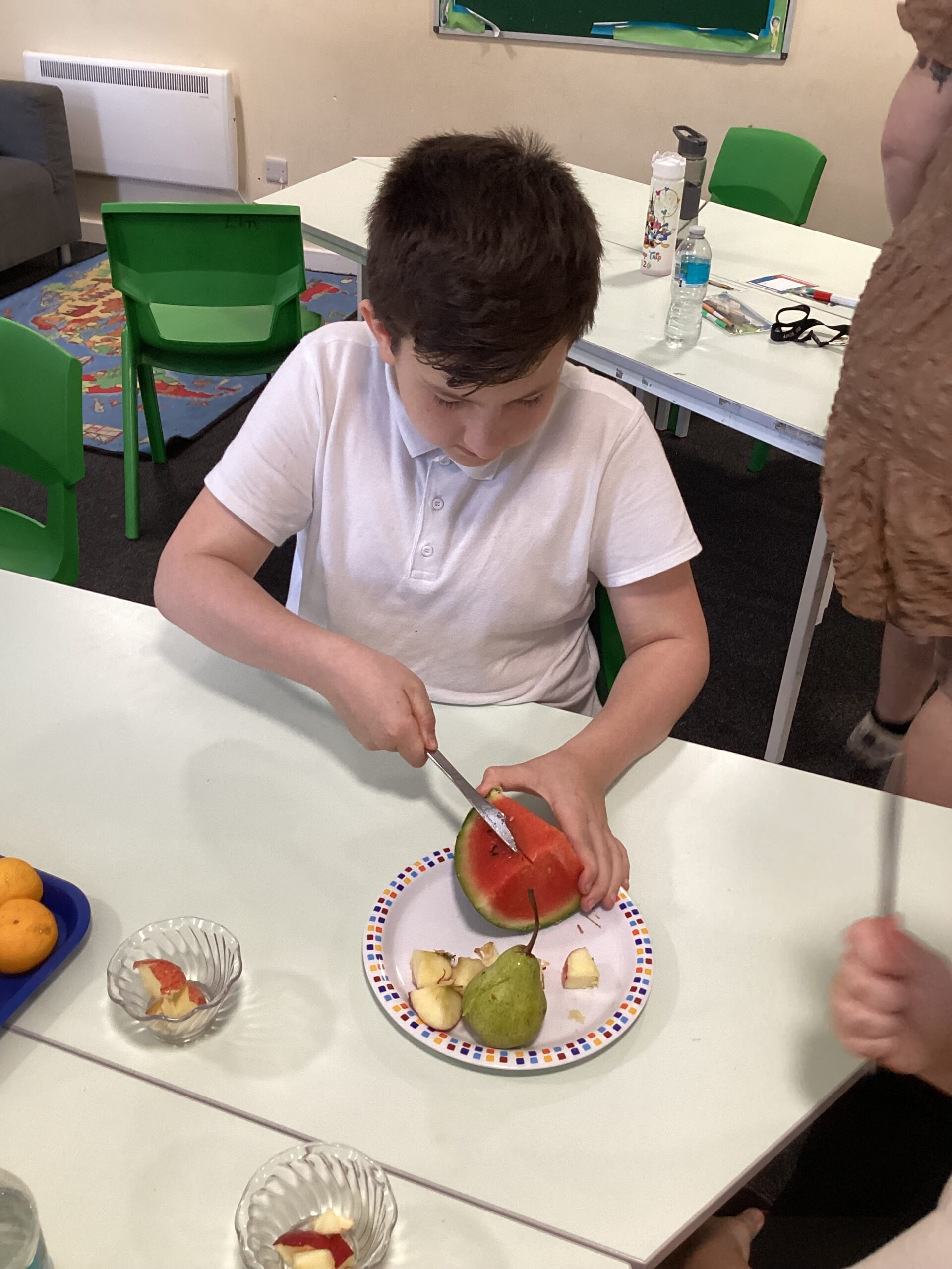 Elm Class learners prepare fresh fruit salads as part of the Junior Duke Programme, developing practical cookery and knife skills at The Rowan School.